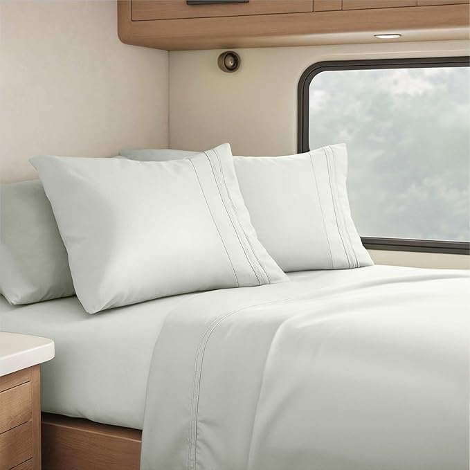 Hearth & Harbor Short Queen Sheets for RV, Off White RV Queen Sheets, Silky Soft 1800 Microfiber Bed Sheet for Camper, 4 Piece RV Bedding with Pillowcases