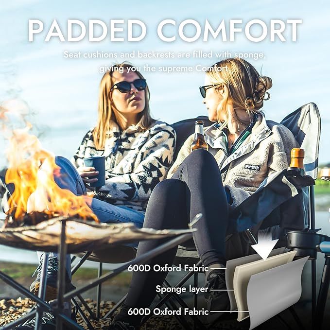 Dowinx Double Camping Chair, Oversized Folding Loveseat with Padded Seat, 660lbs Heavy Duty Portable Lawn Chair with Cup Holders, Glass Holders & Back Storage for Adults, Camping, Beach, Picnic - Gray