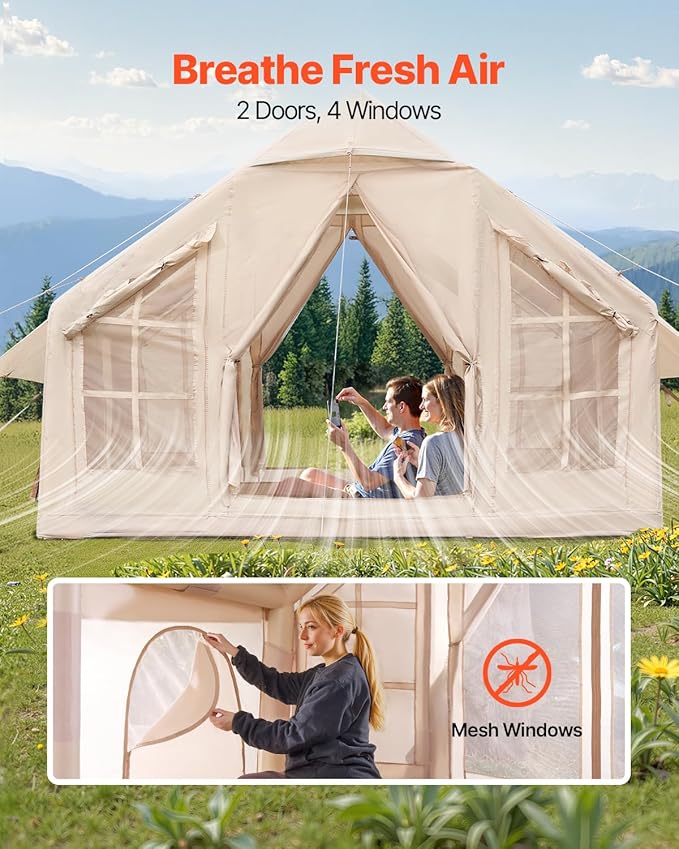 VEVOR Inflatable Tents for Camping, Easy Setup Blow up Tent with Hand Pump, 4 Season Glamping Tent with Stove Jack, Doors & Mesh Windows, Storage Bag Included for Easy Taking