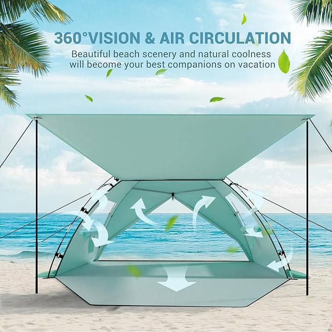 Elegear CumbreX™ Beach Tent Sun Shelter with Canopy, 4-5 Person Pop Up Beach Tent, Easy Setup UPF 50+ UV Protection Portable Lightweight Double Silver Coating Cabana Sun Shade Shelter - Green