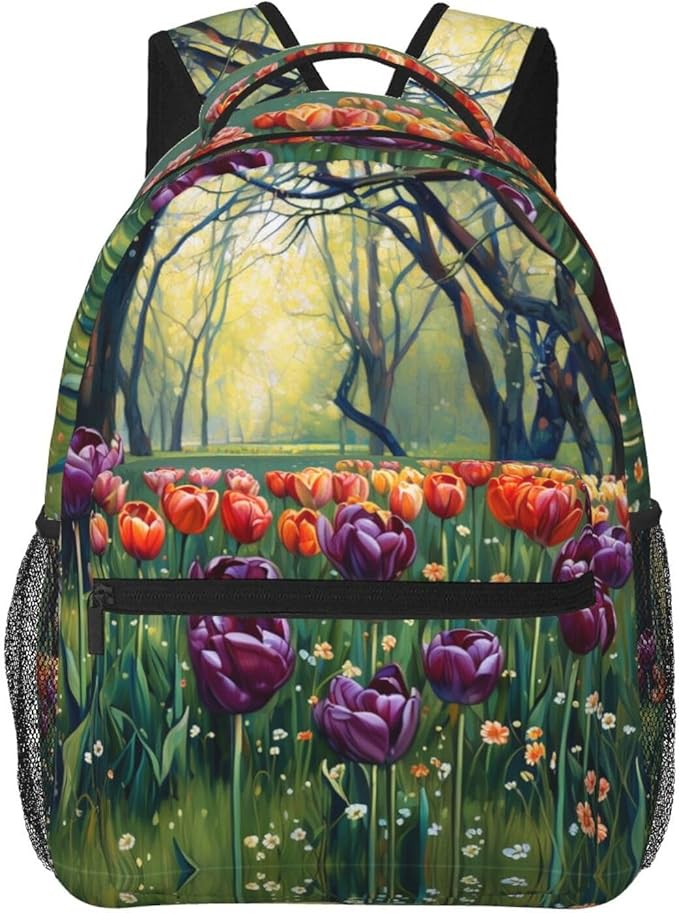 Adults Lightweight Colorful Sea Of Tulips Art Rucksacks Large Capacity Bookbag With Adjustable Shoulder Straps for Trekking Outdoors Bicycle