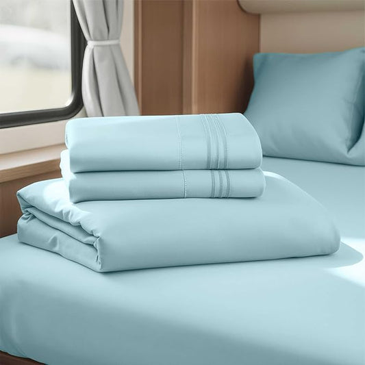 Hearth & Harbor Short Queen Sheets for RV, Light Blue RV Queen Sheets, Silky Soft 1800 Microfiber Bed Sheet for Camper, 4 Piece RV Bedding with Pillowcases