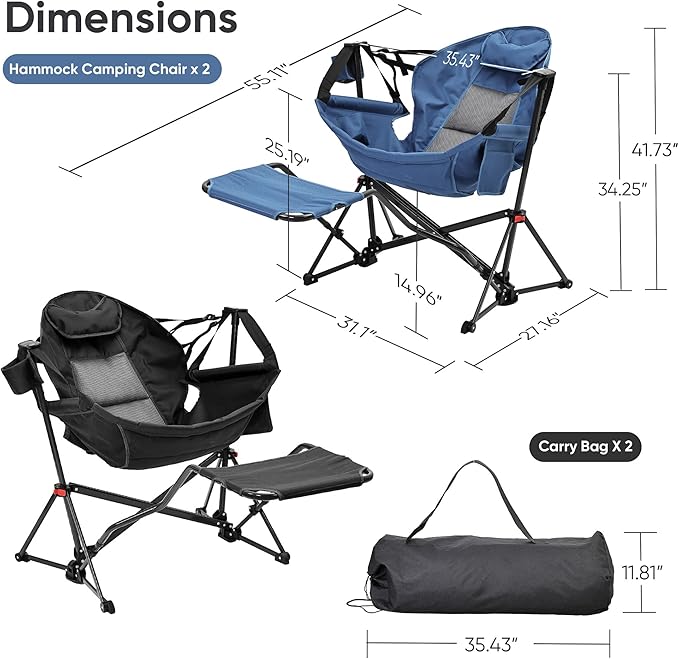 Ainfox Hammock Camping Chair with Footrest, Heavy Duty Foldable Portable Rocking Hammock Chairs Outside Swinging Camp with Cup Holder Pillow for Outdoor Patio Poolside Black Dark Blue