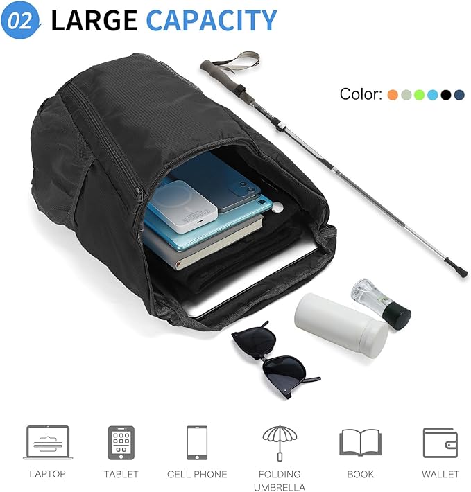 Hiking Backpack, 20L Packable Daypack for Men Women, Nylon with Adjustable Straps, Lightweight Waterproof Outdoor Camping Travel, Black