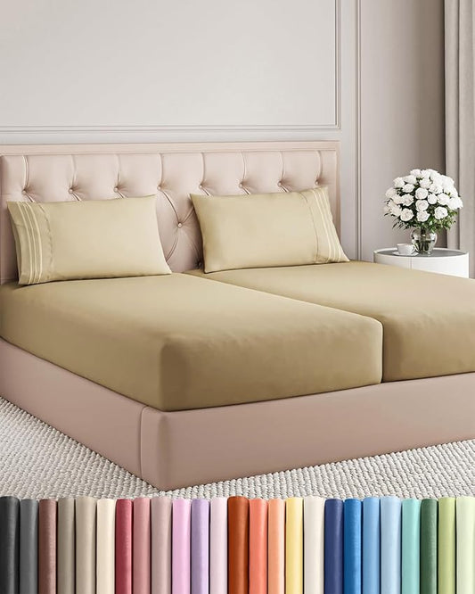 Split King Size 5 Piece Sheet Set - Comfy Breathable & Cooling Bed Sheets Set - Hotel Luxury Bedding for Women, Men, Kids, Teens, Boys & Girls - Deep Pockets, Soft and Wrinkle Free - Oeko-Tex - Beige