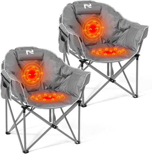 2 Pack Oversized Heated Camping Chair, 3 Heating Levels Soft Padded Camp Chairs with Pillow and Storage Bag, Portable Folding Outdoor Heated Moon Chair for Lawn Patio Beach and Picnics, Grey
