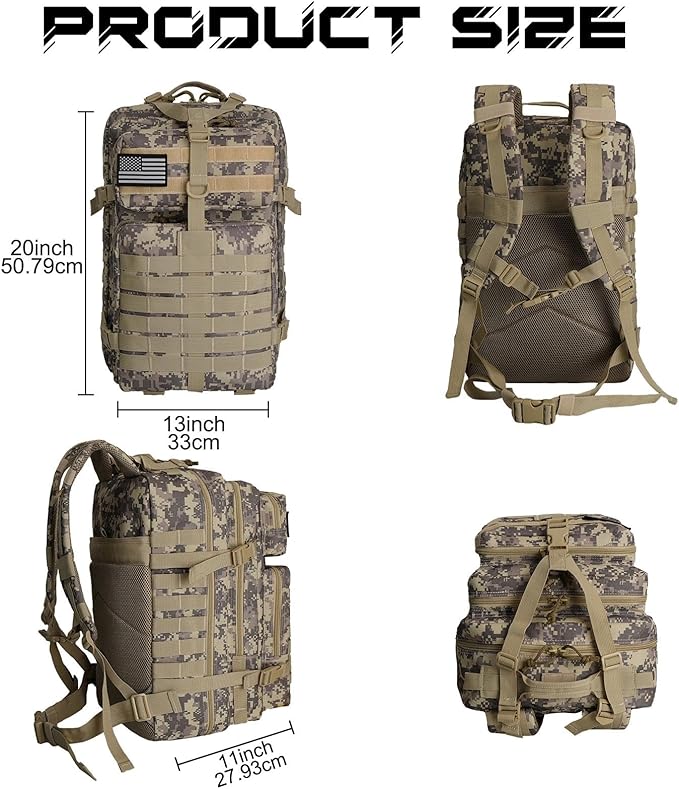 WOLT Military Tactical Backpack for Men 45L Molle Backpack 3 Day Assault Pack Bug Out Bag, Heavy Duty Rucksack for Hiking Gym, Camouflage Khaki