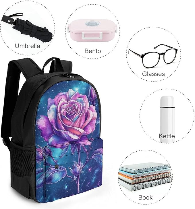 Supdreamc Daypack Bookbag Multipurpose Anti-Theft Big Capacity Carry On Bag, Space Galaxy Flower Glitter Rose Art Travel Hiking Camping Rucksack With Padded Straps