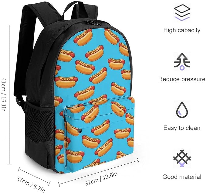 Men Women Polyester Hot Hotdogs Daypack Bookbag Big Capacity Shoulder Bag With Padded Straps for Climbing Travel Walking Cycling