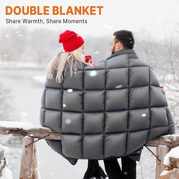 Down Puffy Blanket for 2 Person Car Camping Outdoor Travel Backpacking, 80% Duck Down & 20% Feather Lightweight Portable Soft Warm Cozy Camping Blanket Quilt, Light Gray