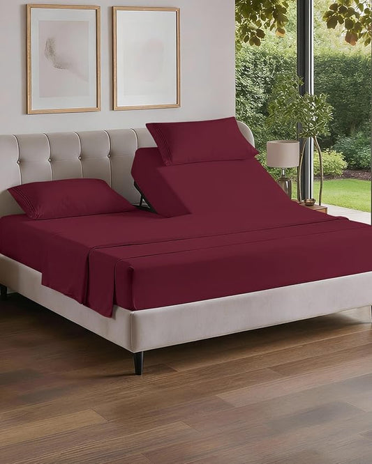 Flex Top Split Head King 4 Piece Sheet Set - Comfy Breathable & Cooling Bed Sheets Set - Hotel Luxury Bedding for Women, Men, Kids, Teens, Boys & Girls - Deep Pockets, Ultra-Soft - Oeko-Tex - Burgundy