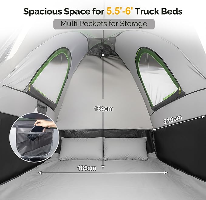 Bonnlo Truck Bed Tent for 5.5-6 ft Truck Bed, PU2000 Waterproof Portable Pickup Truck Tent, 210D Oxford Polyester Camping Tent, Reinforced Fiberglass Poles for 2 Person