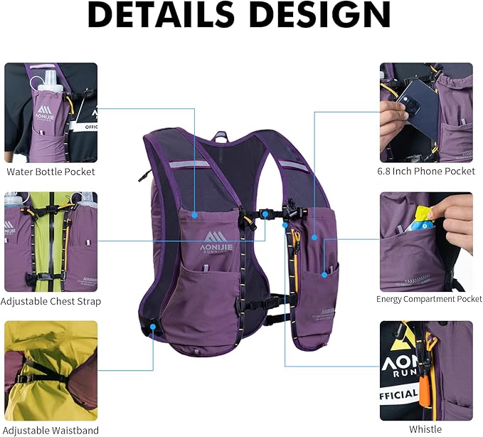 AONIJIE Running Hydration Vest for Men & Women, 8L Hydration Backpack, Multiple Pocket Designs for Water Bottles/Bladders, Lightweight Breathable for Hiking, Climbing, Marathon & Cycling