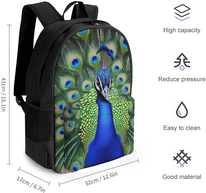 Supdreamc Men Women Lightweight Peacock Feather Daypack Bookbag Big Capacity Carry On Bag With Side Pockets for Camping Travel Bicycle