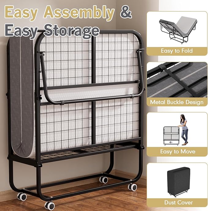 Folding Bed with Mattress for Adults,Roll Away Foldable Bed, Portable Rollaway Bed with 5-inch Memory Foam Mattress & Sturdy Metal Frame, Space-Saving Easy Storage,75"x 38"