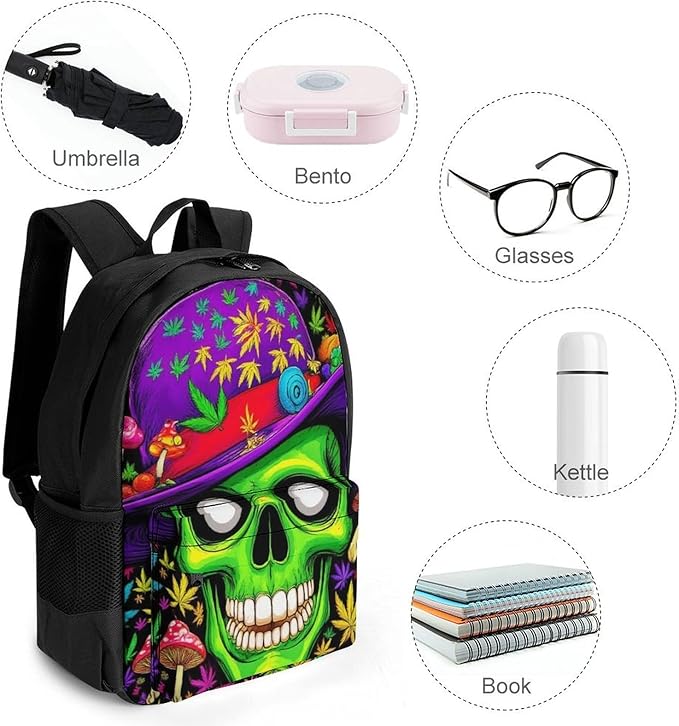 Supdreamc Daypack Backpack Anti-Theft Multipurpose Large Capacity Carry On Bag, Trippy Space Weedleaf Alien Art Traveling Camping Backpack With Side Pockets