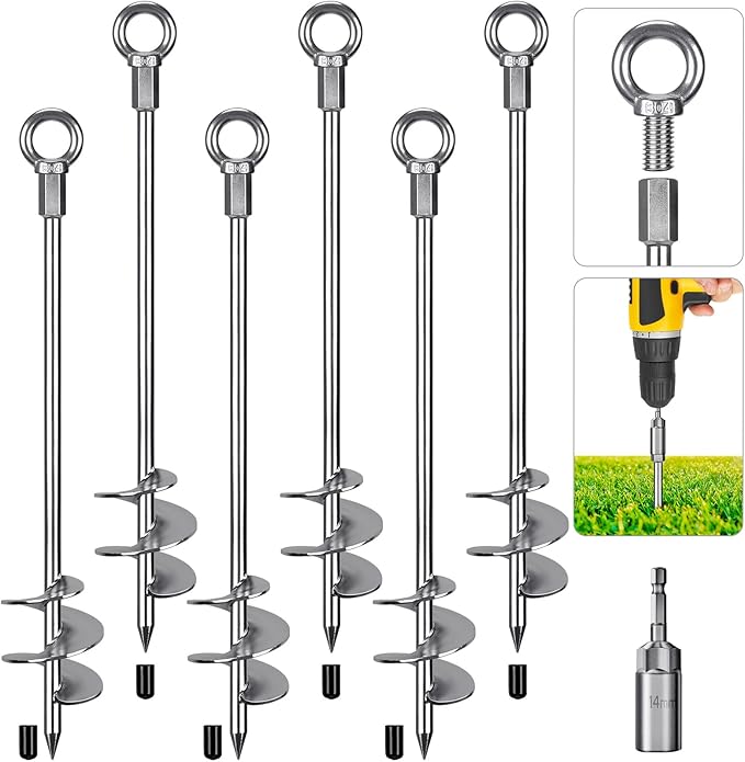 Dolibest 30" Heavy-Duty Ground Anchors Screw in, 3" Wide Spiral Earth Anchors for Swing Set, Wind Resistant Mobile Home, Trampoline, Sheds - Fully Welded Ground Anchors-Set of 6