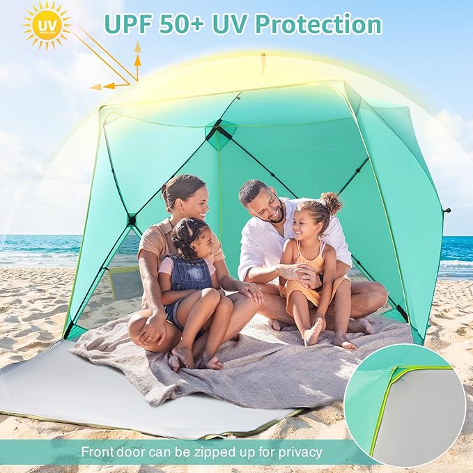 Old Bahama Bay Pop Up Beach Tent, Portable Shade Sun Shelter UPF50+ UV Protection for 4 Person Extendable Floor for Fishing Hiking Camping, Waterproof Windproof（Mint Green