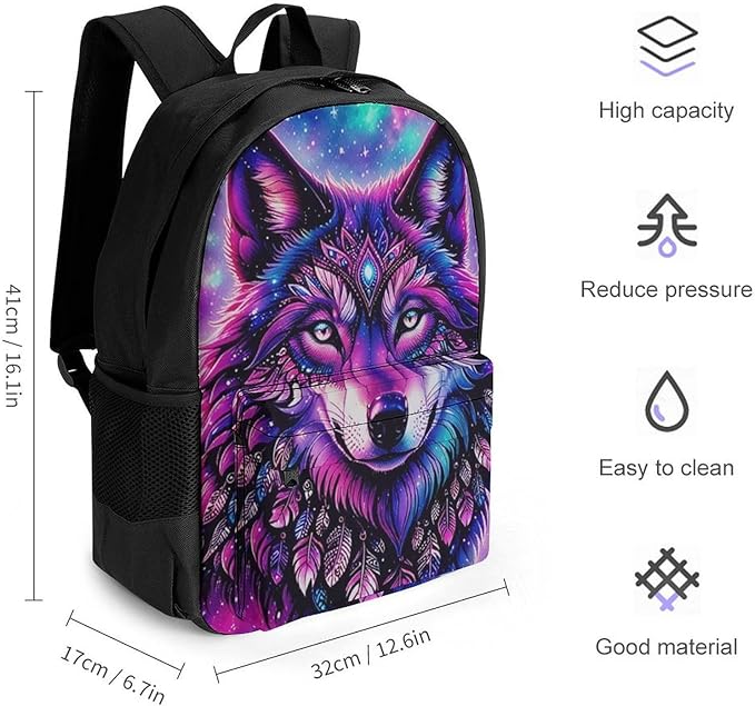 Supdreamc Backpack Polyester Anti-Theft Multipurpose Naive Wolf Head Pink Bookbag Large Capacity Laptop Book Bag Rucksack With Side Pockets