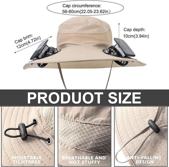 Outdoor Wide Brim Sun Hat with 2 Solar Powered Fan, Bucket Hat for Men Women, Fishing, Gardening & Beach Hat for Men
