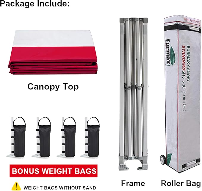 Eurmax USA Standard 10x10ft Patio Pop Up Canopy Tent for Outdoor Events Commercial Instant Canopies with Heavy Duty Roller Bag,Bonus 4 Canopy Sand Bags (Stripe Red)