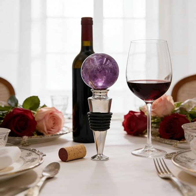 Homestia Gemstone Wine Stopper, Purple Natural Crystal Wine Bottle Stopper with Food-Grade Silicone Seal, Leak-Proof Reusable Wine Saver for Freshness, Wedding & Party Gift