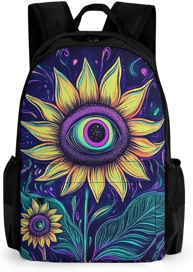 Men Women Polyester Trippy Eyes Flower Sunflower Daypack Big Capacity Shoulder Bag With Smooth Zippers for Hiking Work Walking Cycling