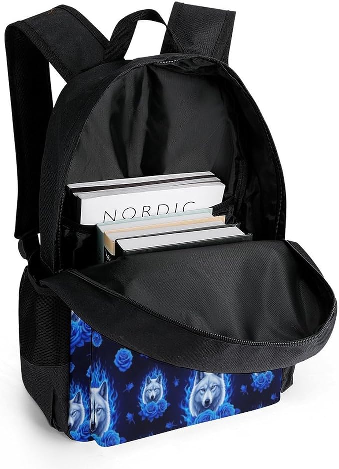 Sturdy Multipurpose Dual Shoulder Bag for Gym and Outdoor Activities, Floral Fantasy Wolf Blue Rose, Travel Hiking Daypack