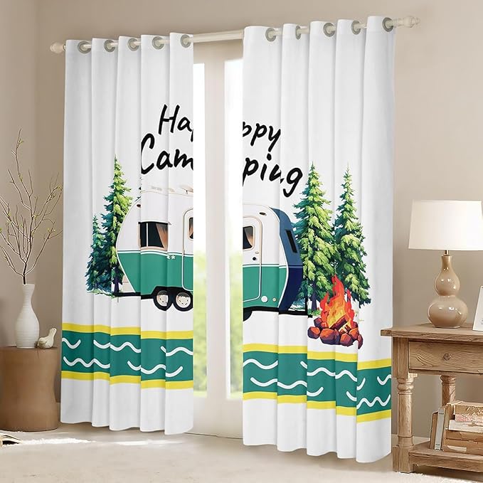 Camping Adventure Kids Blackout Curtains,Stripe RV Trailer Cartoon Camper Boys Girls Room Decor,Bonfire Campfire Pine Tree Rustic Window Drapes,Natural Green 2 Panels,42Wx90L inch