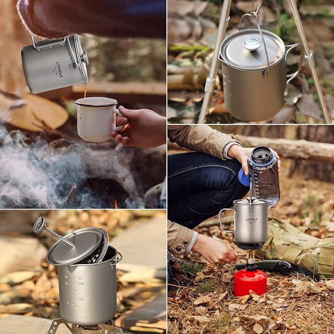 Lixada Titanium Cup Camping Coffee Mug 750ml Outdoor French Press Pot, Camp Cooking Pot, Coffee Maker with Lid, Multi-Functional Travel Mug for Outdoor Camping, Hiking, Picnic, Backpacking