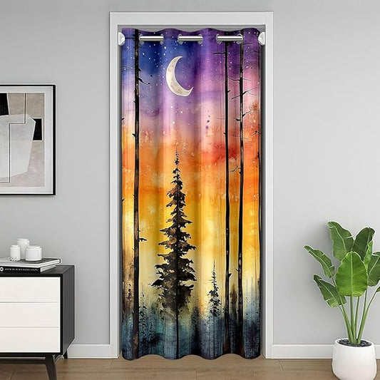Happy Camping RV Door Curtain,Starry Sky Moonlight Pine Natural Blackout Curtain,Camper Rustic Farmhouse Adventure Bedroom Doorway Living Room Decor,Orange Privacy Door Drape 1 Panel,42" W X 84" L