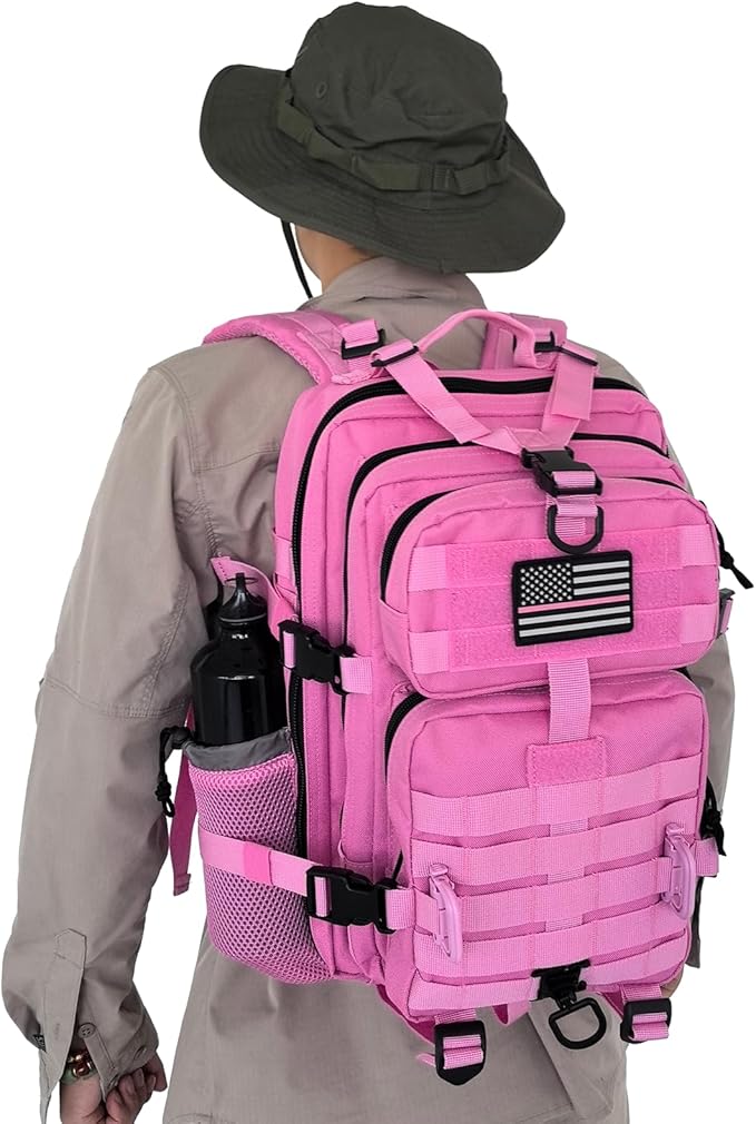 30L MOLLE Assault Pack, Tactical Backpack Military Army Camping Rucksack with Bottle Holder, 3-Day Pack, Pink