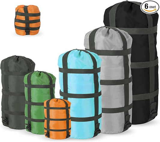 Compression Sacks for Sleeping Bag Stuff Sack Adjustable Sleeping Bag Compression Stuff Sack 6L + 15L +18L + 30L + 45L+52L Space Saving for Backpacking Hiking Camping Outdoor and Travel Storage