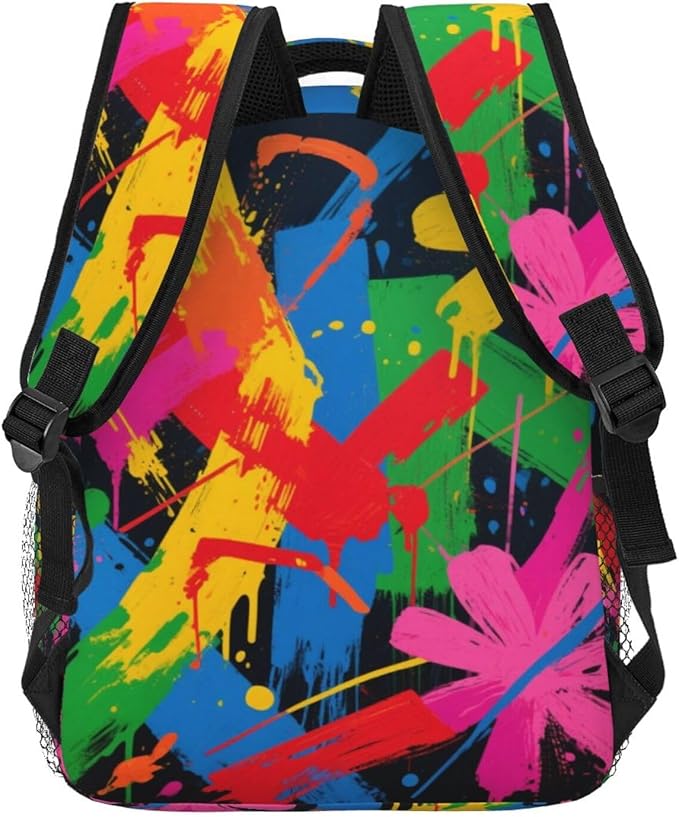Men Women Polyester Paint Splatter Colorful Daypack Bookbag Big Capacity Shoulder Bag With Padded Straps for Climbing Travel Walking Cycling