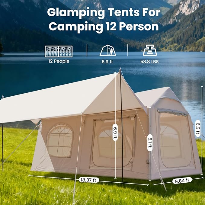 Inflatable Tents for Camping, Blow Up Tent with Hand Pump, Easy Setup Inflatable Hot Tent with Stove Jack, Waterproof Oxford Air Glamping Tents for Camping Adult 4 Person Upgrade Version
