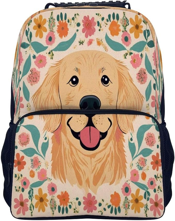 Rucksacks Polyester Anti-Theft Multipurpose Golden Retriever Floral Dogs Carry On Bag Large Capacity Gym Outdoor Hiking Backpack With Smooth Zippers
