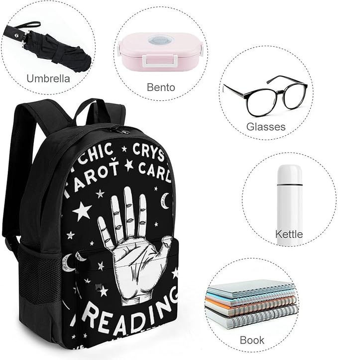 Supdreamc Men Women Polyester Psychic Readings Fortune Teller Art Black Daypack Bookbag Big Capacity Shoulder Bag With Padded Straps for Climbing Travel Walking Cycling
