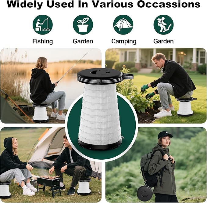 Collapsible Camping Stool with Lights (5 Colors, 3 Modes), Holds up to 400 lbs & Adjustable Height (10 Levels), Portable Folding Chair Stool Seat for Fishing, Parties, Hiking, Travel, Outdoor Events