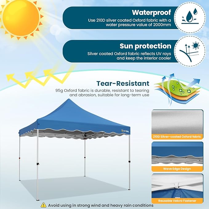 HOTEEL Canopy Tent 10x10 Pop Up Canopy, Easy Setup Canopy Tent with Sandbags, Stakes & Ropes, UPF 50+ Waterproof Outdoor Instant Portable Shelter for Party, Events, Vendor, Blue