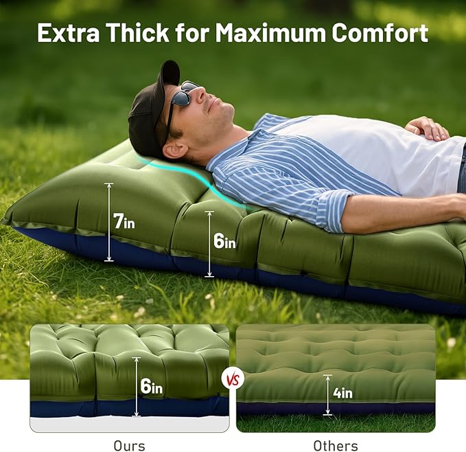 KASBAH Camping Sleeping Pad,6 inch Thick Inflatable Camping Mattress with Built-in Foot Pump and Pillow,Ultralight Sleeping Mat Backpacking Gear for Outdoor Hiking,Camping, Traveling and Tent