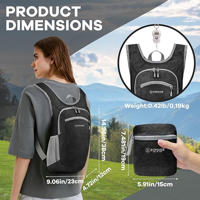 ZOMAKE Ultra Lightweight Packable Backpack 10L,Small Foldable Backpacks Hiking Water Resistant Collapsible Daypack for Women Men(Black-A1)