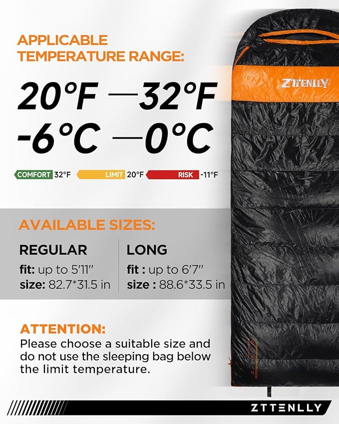 Down Sleeping Bag for Adults - Lightweight and Compact for Backpacking, Camping and Hiking - 550/600 FP, 0/20/30 Degree and 4-Season Sleeping Bag for Cold Weather