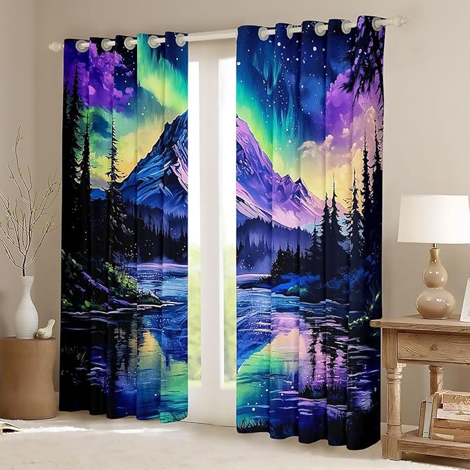 Manfei Northern Lights Blackout Curtains,North Pole Pine Tree Lake River Boys Girls Room Decor,Mountain Rainbow Starry Sky Nature Window Curtains,Blue Purple 2 Panels,38Wx45L inch