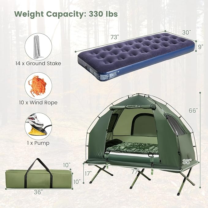 KOTEK 5-in-1 Tent Cot with Air Mattress, Sleeping Bag, Pillow, Canopy, Zippered Mesh Windows & Carry Bag, Elevated Tent for Camping, Hiking, Traveling, Picnic