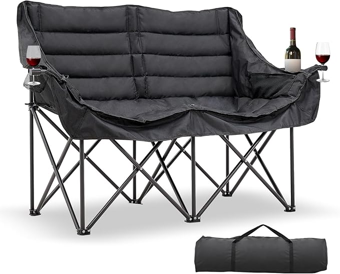 DoCred Double Camping Chair - Oversized Loveseat, 2 Person Camping Chair for Adults Heavy Duty,Two Person Folding Chairs with Cup Holder, Supports up to 500 LBS for Outside Picnic Beach Travel