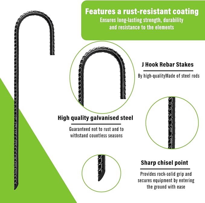 12 in Rebar Stakes, J Hook Ground Stakes, (Pack of 6 Black) Heavy Duty Galvanized Metal Tent Stakes Fence Stakes for Wire Fence, Camping, Trampolines, Irrigation Pipes and Garden