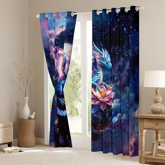 Manfei Magic Dragon Blackout Curtains Pink Lotus Flower Window Drapes,Cartoon Wild Animal Theme Window Treatments,Kids Boys Girls Room Decor,Grommet Top 2 Panel Set Bedroom Curtains, 52Wx90L inch