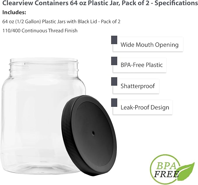 Plastic Storage Jars with Leak Proof Lids, BPA Free, Hand Wash Only (64oz, 2PK Black)
