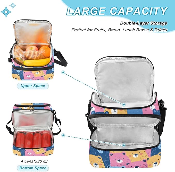 Double-Layer Lunch Bag Cartoon Bears Double Deck Cooler Bags with Detachable Shoulder Strap for Office Picnic Hiking Beach lonchera termo para comida Caliente