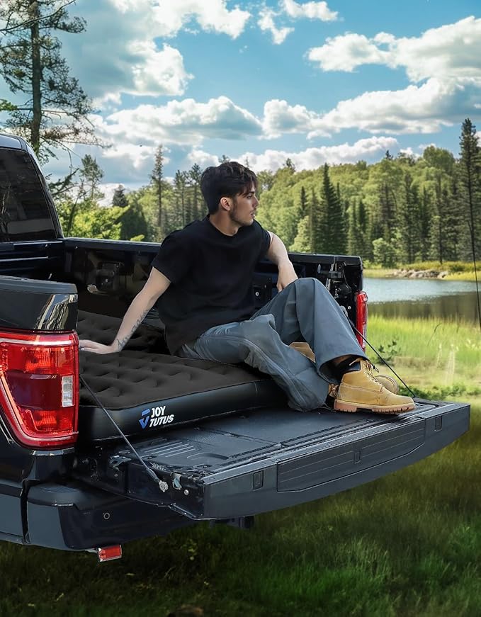 JOYTUTUS 6.4-6.7Ft Truck Bed Air Mattress with Built-in Air Pump, Inflatable Mattress Full Size Regular Beds for Outdoor Camping,with Carry Bag&Cup Holder,Black